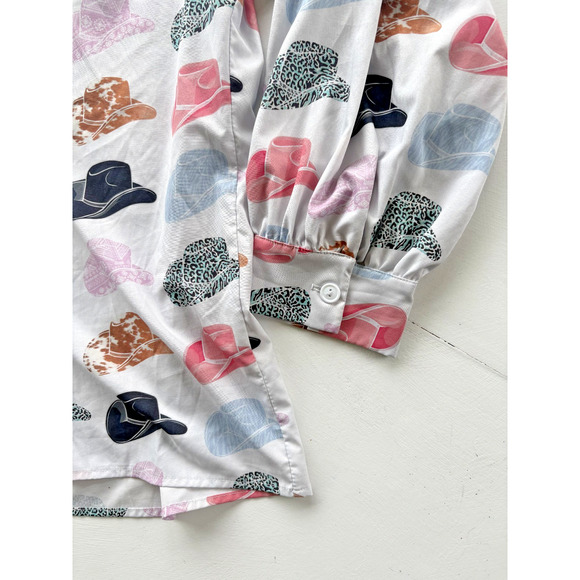 Nylon Apparel Button Down Cowboy Hat Print Blouse 1XL - Picture 4 of 5